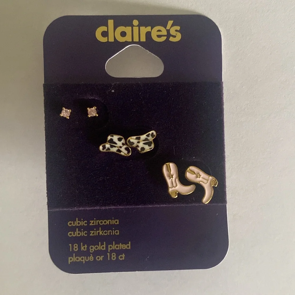 Claire’s Cubic Zirconia 18kt. Gold Plated Cowboy Earring Set